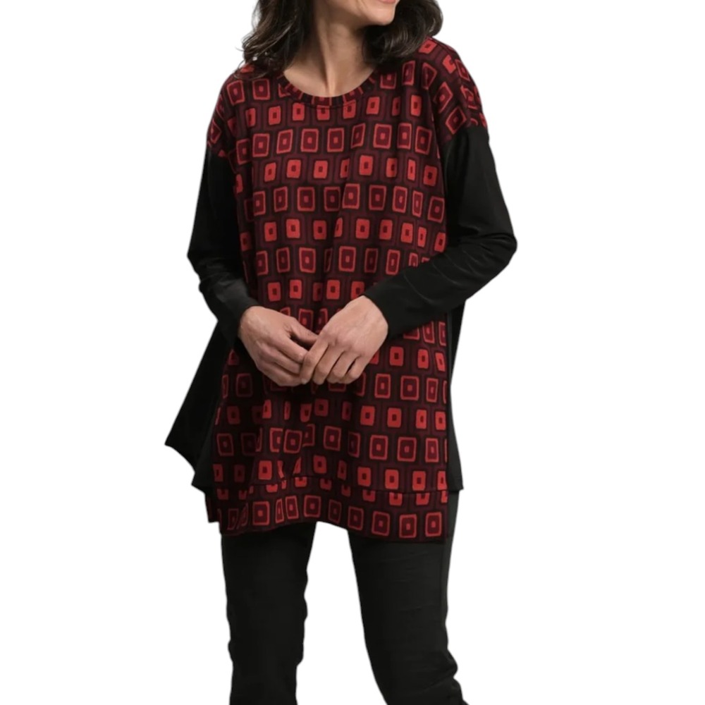 Alembika Dynamite Days Swing Tunic Top Medium 12/14 Red Black Geometric